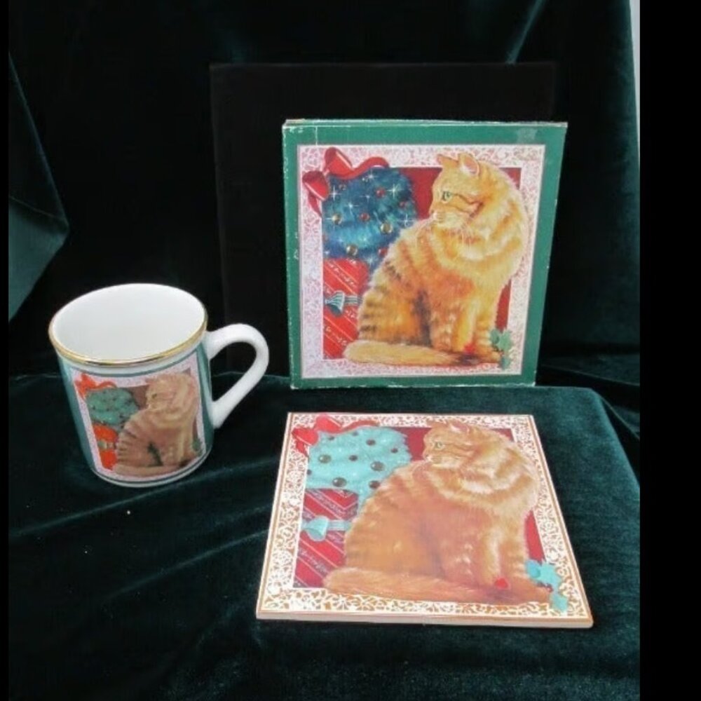 Ginger Cat Coffee Mug & matching Trivet 6" Papel of Freelance Ceramic set